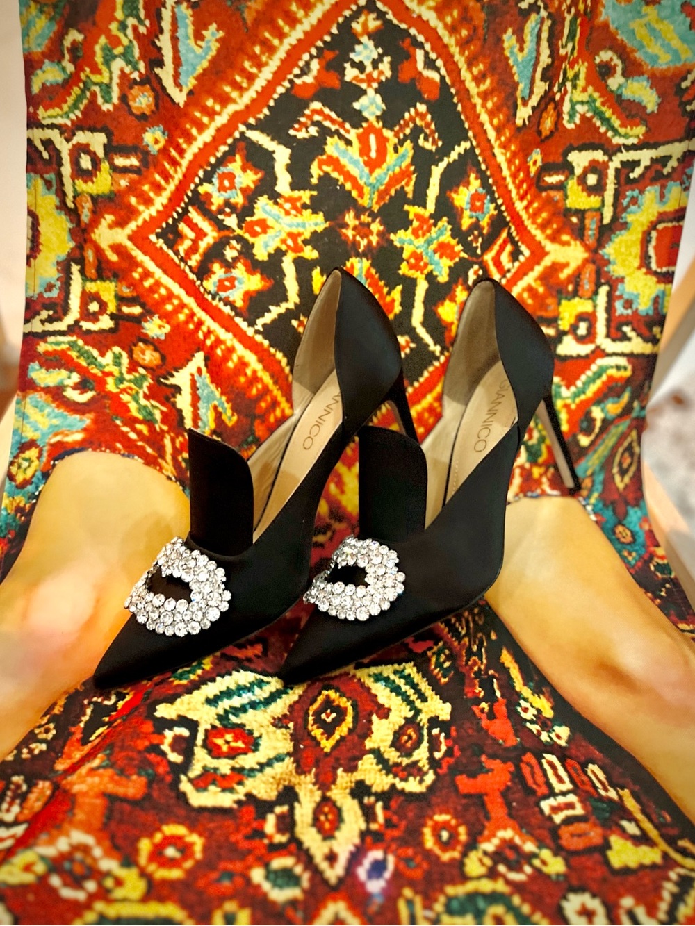 Gianico Itakyvh black Satin Crystal Buckle Pumps Sz 39